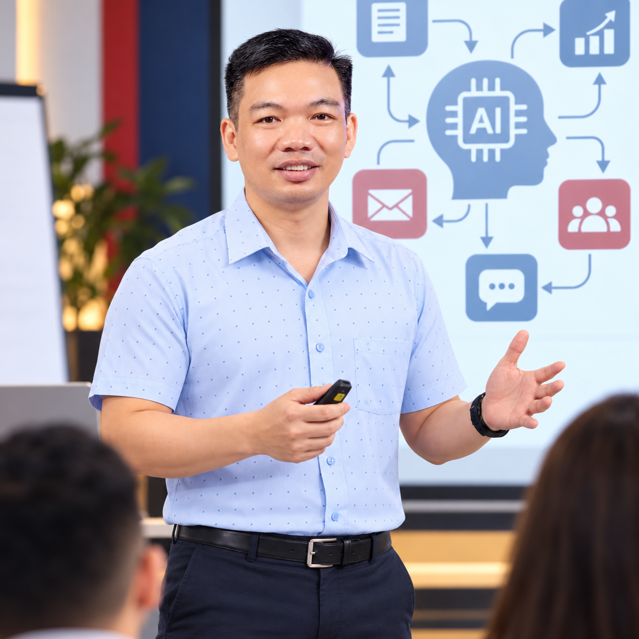Lê Hồng Sơn đang hướng dẫn mọi người thực hành ứng dụng AI